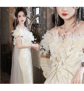 晚裝禮服裙一字肩立體花朵長裙