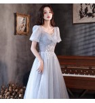 晚裝禮服裙方領短袖亮片珠繡長裙