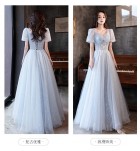 晚裝禮服裙方領短袖亮片珠繡長裙
