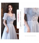 晚裝禮服裙方領短袖亮片珠繡長裙