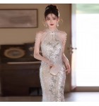 晚裝禮服裙掛脖串珠流蘇魚尾長裙