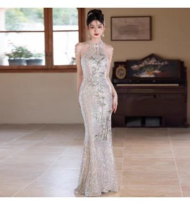 晚裝禮服裙掛脖串珠流蘇魚尾長裙
