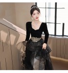 晚裝禮服裙方領網紗長裙