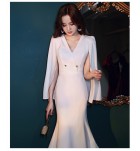 少女禮服裙白色V領長袖中裙