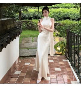 女裝禮服立領飄帶無袖長裙