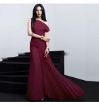 少女連身裙斜肩褶皺禮服長裙