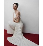 少女連身裙斜肩褶皺禮服長裙