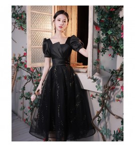 女裝禮服裙方領泡泡袖中長裙