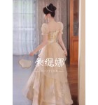 晚裝禮服方領/一字肩香檳長裙