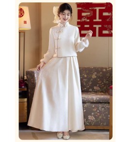 女裝禮服裙立領斜襟寬長袖長裙
