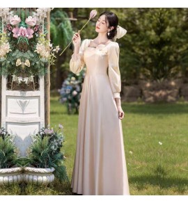少女禮服裙香檳色緞面長袖長裙