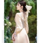少女禮服裙香檳色緞面長袖長裙