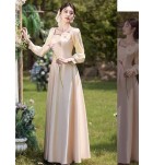 少女禮服裙香檳色緞面長袖長裙