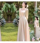 少女禮服裙香檳色緞面長袖長裙