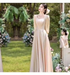 少女禮服裙香檳色緞面長袖長裙