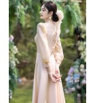 少女禮服裙香檳色緞面長袖長裙