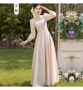 少女禮服裙香檳色緞面長袖長裙