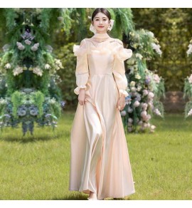 少女禮服裙香檳色緞面長袖長裙
