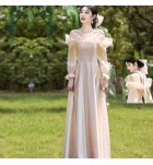 少女禮服裙香檳色緞面長袖長裙
