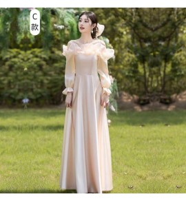 少女禮服裙香檳色緞面長袖長裙