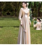 少女禮服裙香檳色緞面長袖長裙