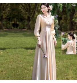少女禮服裙香檳色緞面長袖長裙