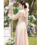 少女禮服裙香檳色緞面長袖長裙