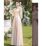 少女禮服裙香檳色緞面長袖長裙