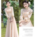 少女禮服裙香檳色緞面長袖長裙