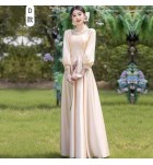 少女禮服裙香檳色緞面長袖長裙