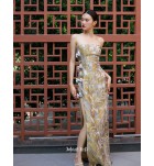 少女禮服裙抹胸印花開叉長裙