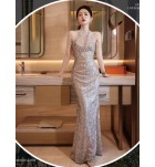晚裝禮服裙掛脖流蘇V領長裙
