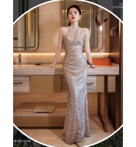 晚裝禮服裙掛脖流蘇V領長裙