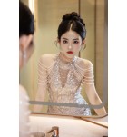 晚裝禮服裙掛脖流蘇V領長裙