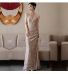 晚裝禮服裙掛脖流蘇V領長裙