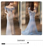 晚裝禮服裙灰藍色一字肩蝴蝶結長裙