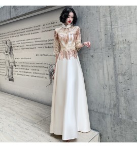 少女禮服裙繡花網紗立領亮片流蘇長裙