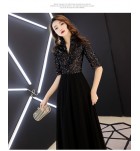 少女禮服裙黑色亮片V型立領中袖洋裝