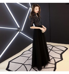 少女禮服裙黑色亮片V型立領中袖洋裝