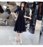 少女禮服裙黑色亮片V型立領中袖洋裝