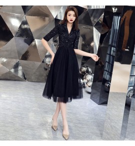 少女禮服裙黑色亮片V型立領中袖洋裝