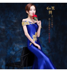 晚裝禮服裙一字肩魚尾長裙