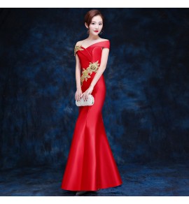 晚裝禮服裙一字肩魚尾長裙