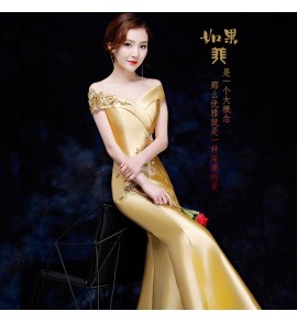 晚裝禮服裙一字肩魚尾長裙