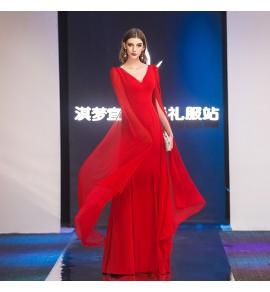 晚裝禮服裙V領飄袖長裙