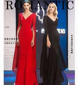晚裝禮服裙V領飄袖長裙