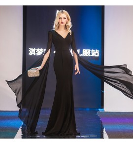 晚裝禮服裙V領飄袖長裙