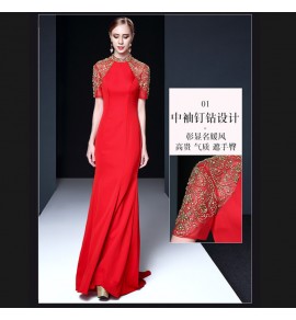 晚裝禮服裙圓領釘鑽長裙