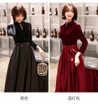 女裝禮服裙V領排扣宴會長裙