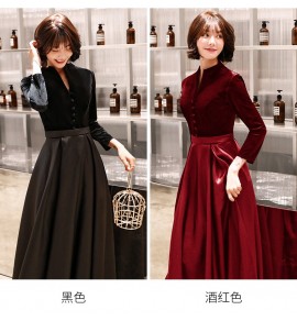 女裝禮服裙V領排扣宴會長裙